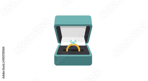 Engagement ring in a teal jewelry box with lid open.