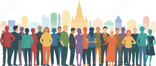 Colorful group of people silhouettes representing diversity, inclusion, community, unity and social togetherness flat vector illustration