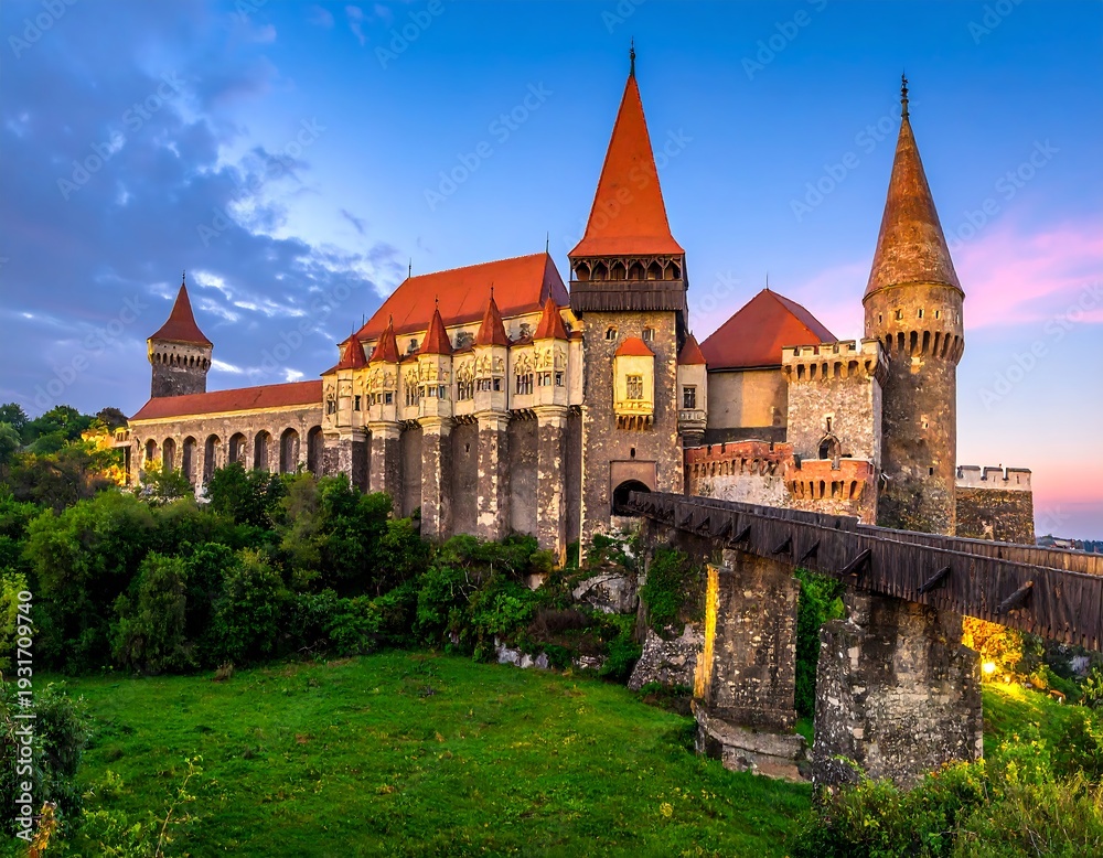 Fototapeta premium Stone castle with red roofs at sunset, featuring a wooden bridge over green foliage