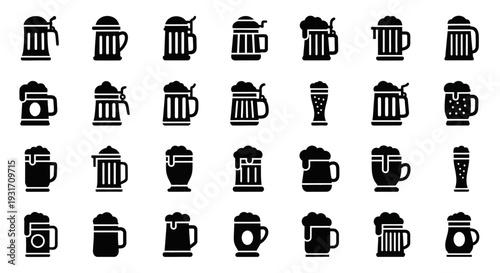 Collection of various beer mug and pint icons in a grid layout, showcasing different designs and styles