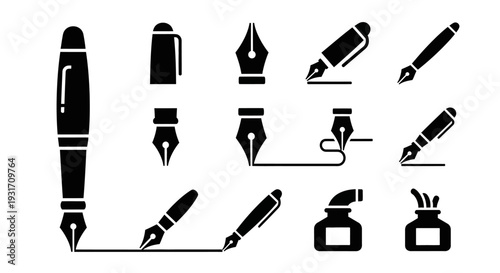 Collection of various pen nibs and fountain pens in black silhouettes against a white background, depicted from a straightforward viewpoint.