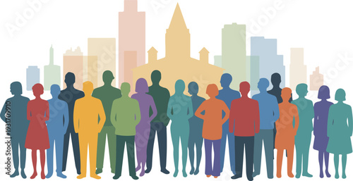 Vibrant colorful people silhouettes representing unity, diversity, inclusion and community togetherness flat vector illustration design
