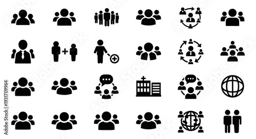 A collection of people icons representing various social interactions and global connections displayed in a grid pattern