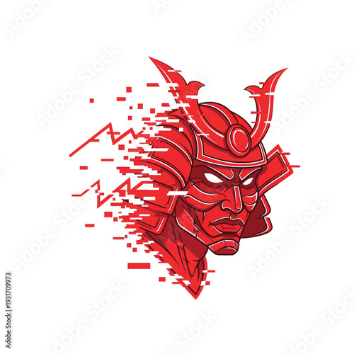 Dynamic Red Samurai Warrior Mask with Glitch Effect - Modern Japanese Art Illustration