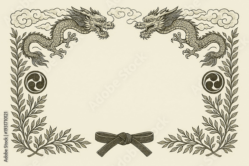 Certificate dan grade diplom karate. Old vintage diplom paper, with frame texture background art design.