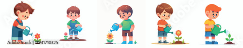 vector of a little boy watering a flower in spring