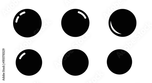 Set of black glossy spheres arranged in two rows on a plain white background viewed from a straightforward angle
