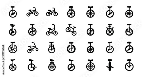 Collection of various bicycle icons displayed in a grid pattern on a plain background from a straightforward viewpoint