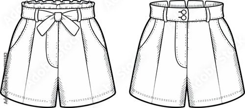 Technical fashion CAD flat vector of women’s high waist paperbag shorts with pleats front and back view apparel design sketch