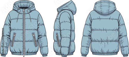 Technical flat vector illustration of blue puffer jacket with front, side and back view, zipper detail winter outerwear fashion design sketch