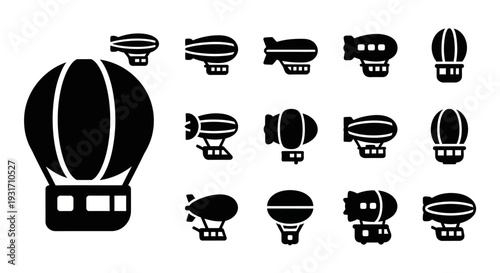 Collection of diverse hot air balloon icons in various shapes and designs displayed together