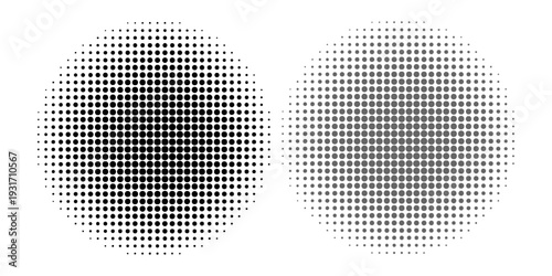 Set of halftone dots gradient pattern texture isolated on white background. Straight dotted spots using halftone circle dot raster texture.