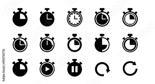 A collection of various stopwatch icons displayed together on a clean white background from a straightforward viewpoint
