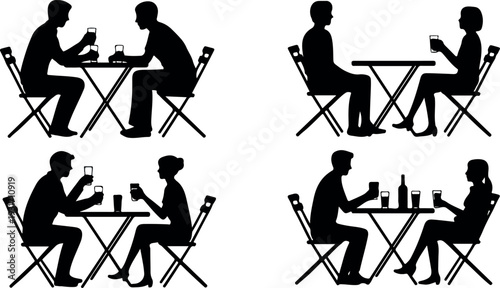 Black silhouette vector set of people sitting at tables, interacting and conversing in cafe and dining environment flat CAD illustration