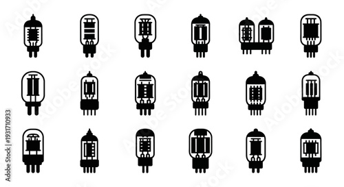 Collection of various vacuum tubes displayed in a grid arrangement on a plain surface from a direct viewpoint