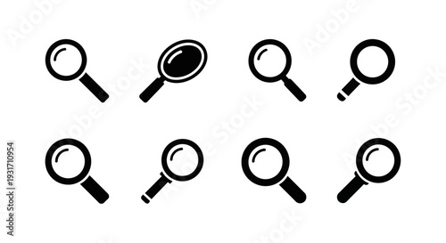 Collection of magnifying glass icons in various designs on a clean white background from a straightforward viewpoint