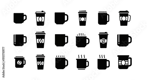 Collection of various coffee cup silhouettes displayed on a clean white background