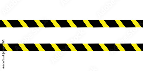 Warning tape with yellow and black diagonal stripes. Warn stop seamless line. Vector illustration on white background. Safety stripe warning caution hazard danger road vector sign symbol. EPS file 99.