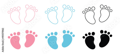 aby Footprint Icon Set with Pink, Blue and Black Variations, Outline and Solid Newborn Feet Silhouettes, Adorable Flat Infant Symbol