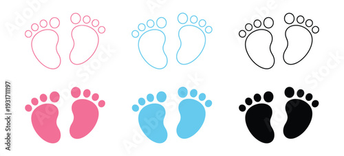 aby Footprint Icon Set with Pink, Blue and Black Variations, Outline and Solid Newborn Feet Silhouettes, Adorable Flat Infant Symbol