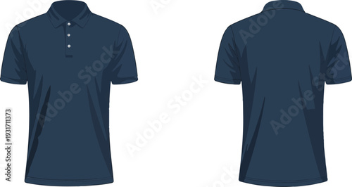 CAD flat vector illustration of navy blue polo shirt with short sleeves, front and back views, casual fashion top technical apparel sketch