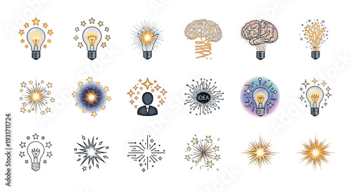 A collection of vibrant vector icons representing ideas, innovation, creativity, inspiration, and bright thinking, featuring light bulbs, brains, and radiating sparks on a white background.