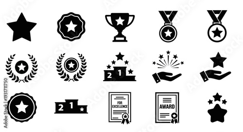 Collection of black and white vector icons representing awards, achievements, success, victory, and recognition, including stars, medals, trophies, podiums, and certificates.