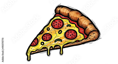 A vibrant, hand-drawn illustration of a single slice of pepperoni pizza with melted cheese dripping down, featuring a thick crust and bold outlines on a white background.