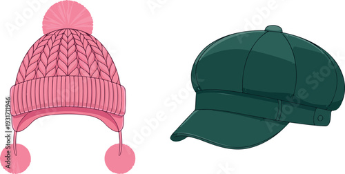 Set of cozy and fashionable winter hats in pink and green including knitted pom-pom, cable knit, ear flap, and newsboy style flat vector