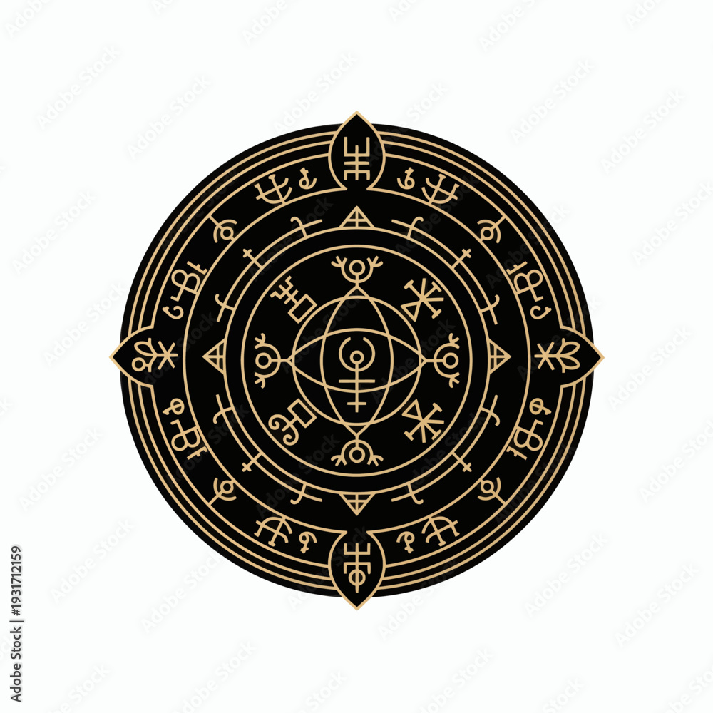 Obraz premium Unveiling ancient secrets this Halloween An intricate esoteric golden circle symbol, designed with mystical sigils and arcane glyphs to evoke a sense of dark magic and supernatural wonder