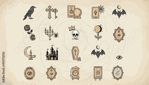 Mystical Dark Fantasy Symbols and Gothic Magic Illustrations. A Collection of Eerie Occult Elements, Witchcraft Motifs, and Mysterious Arcane Icons for Spooky Designs