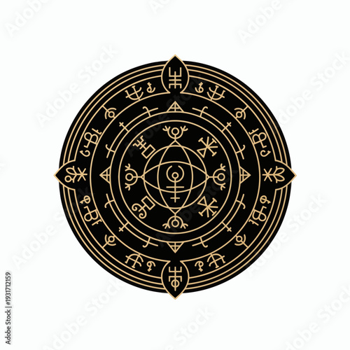 Unveiling ancient secrets this Halloween An intricate esoteric golden circle symbol, designed with mystical sigils and arcane glyphs to evoke a sense of dark magic and supernatural wonder