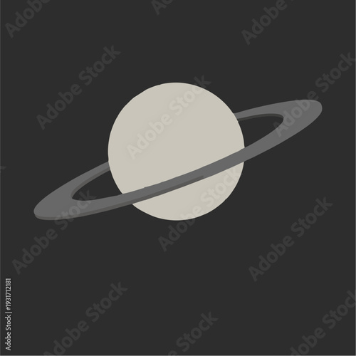 Minimalist flat design illustration of the planet Saturn with its prominent ring system against a dark space background.