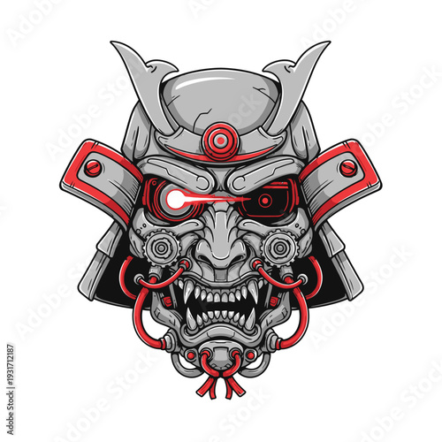 Cyberpunk Samurai Mask with Red Laser Eye and Robotic Details. Futuristic Mecha Warrior Helmet Illustration for Gaming and Tech Design.