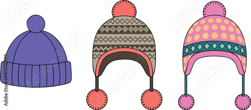 Vector illustration of cozy winter hats in pastel and purple tones including pom-pom earflap beanie, colorful knitted caps and stylish wool accessories for seasonal fashion