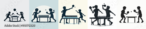 Vector Illustration of a  Silhouette Cute Kids Playing Table Tennis