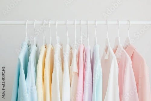 Clothes in soft colors hang on a simple rack against a light wall in a modern setting with ample space for design
