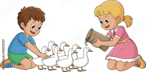 Cartoon scene of happy boy and girl feeding ducks by the pond in park, joyful outdoor childhood activity illustration