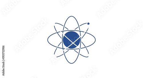Stylized atom symbol with blue nucleus and orbiting electrons.