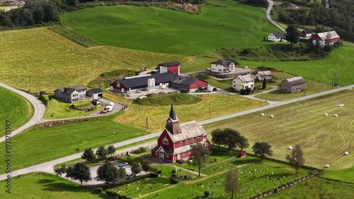 Bynestadvegen Olden Aerial shot Norway.   Olden New Church Olden kyrkje 