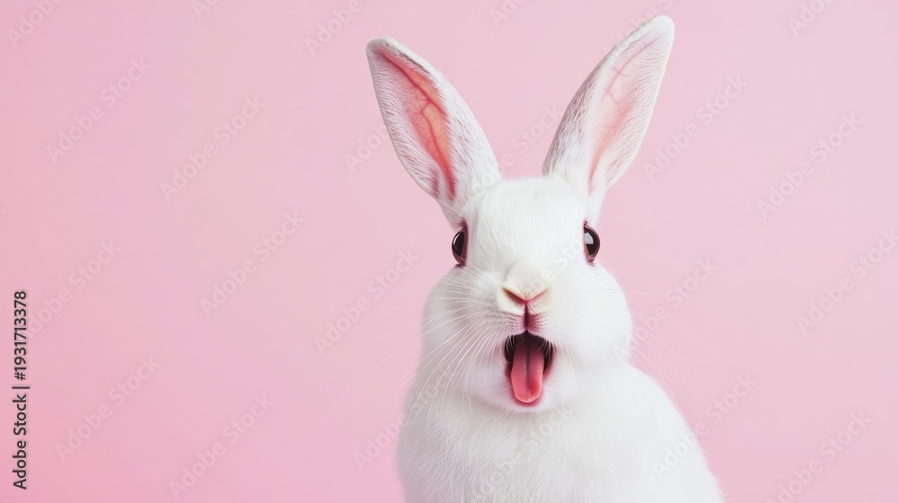 Fototapeta premium Cute rabbit with surprised expression on pink background looking curious and surprised in bright light moment
