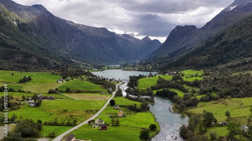wider shot of Floen Laukifossen Olden Norway 