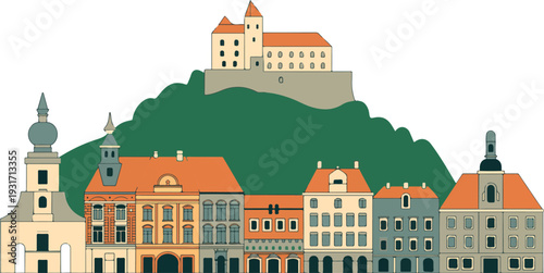 Artistic architectural city illustration with castle hill landmark and modern skyline buildings European heritage urban contrast