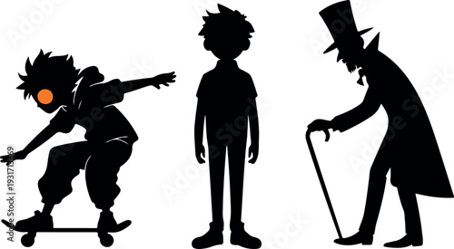 Mysterious villain skateboarder silhouette with glowing eyes, hat and cane in dramatic urban fantasy illustration
