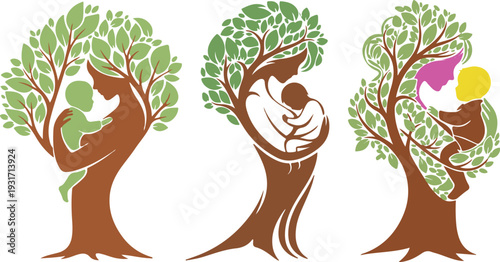 Set of 3 Mother and Child Tree Silhouette Vector Illustrations