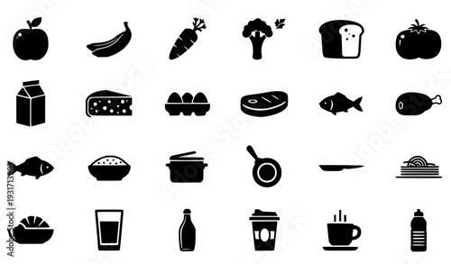 Black Silhouette Grocery and Kitchen Food Icon Set