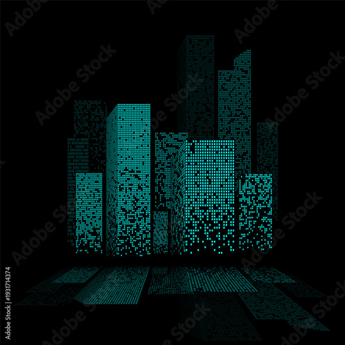 Cyan night city lights landscape design with reflections in the water.  Retro background. Vector illustration