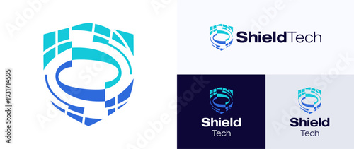 Modern futuristic shield data security logo icon design vector illustration template, Symbol abstract Infinity global network digital protection  usable for brand identity and business technology
