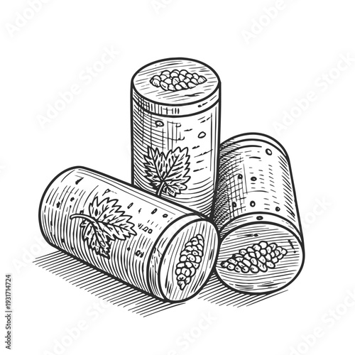 Vintage engraved vector illustration of wine corks. Detailed black and white line art in retro style, perfect for winery branding, packaging, wine labels, bar menus, and beverage design.