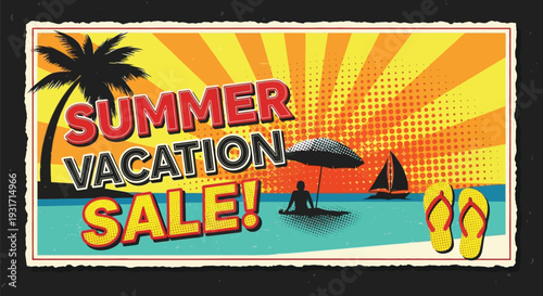 Summer sale festive discount banner design with colorful summer graphics for marketing campaign